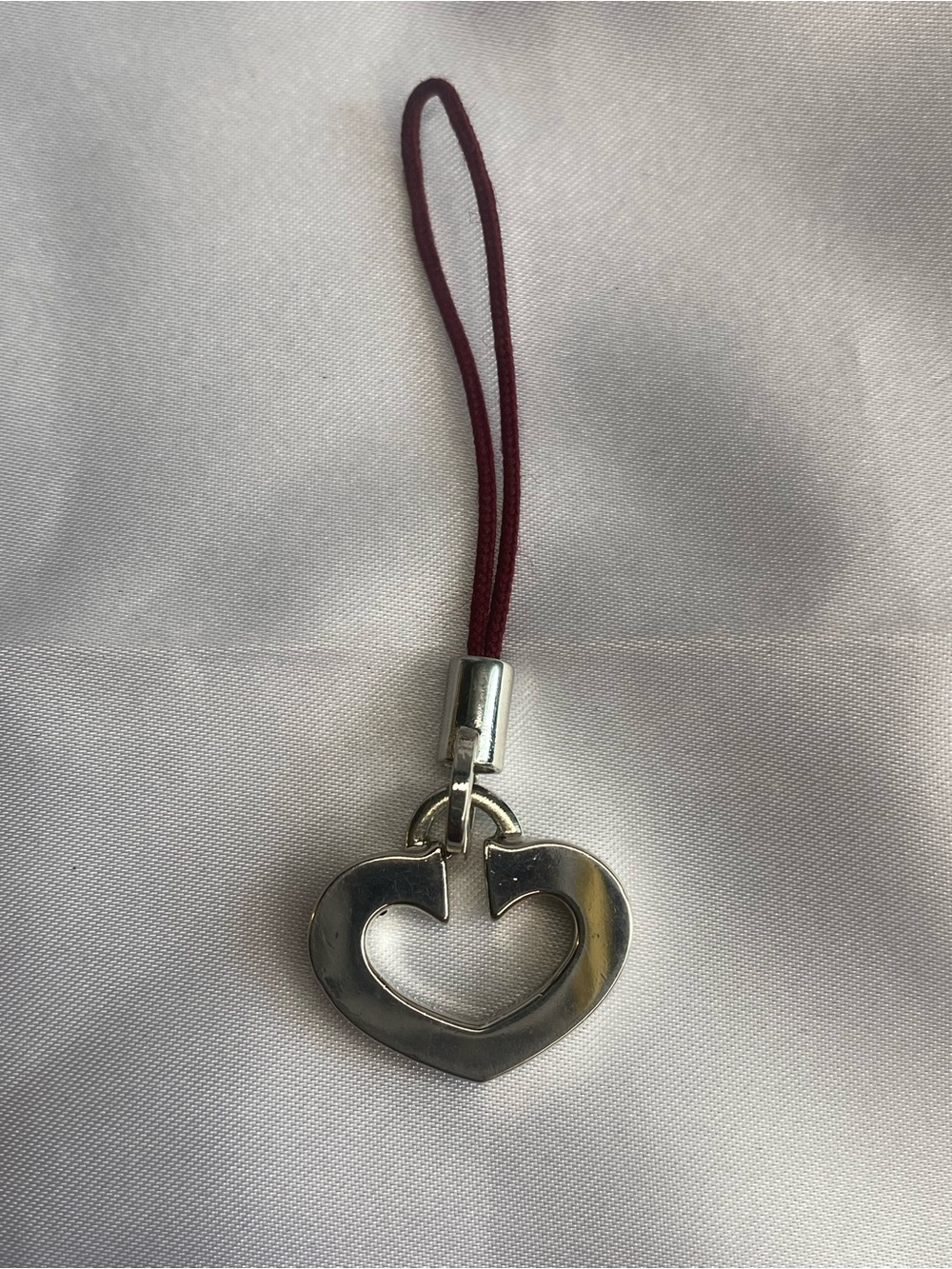 Authentic Cartier Heart Logo Silver Phone Bag Charm Key Ring with Burgundy Strap